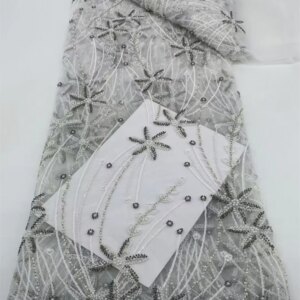 White African Beaded Lace Fabric French Bridal Sequins Lace Fabric 2024 Luxury Nigerian Tulle Lace Fabric Couture Materiel