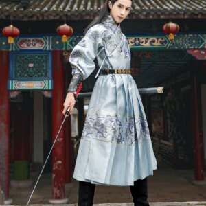 Ancient Chinese Hanfu Costume Mens Top Skirt Belt Set Samurai Costume Robe Hanfu Martial Arts Dragon Printing Flying Fish Suit