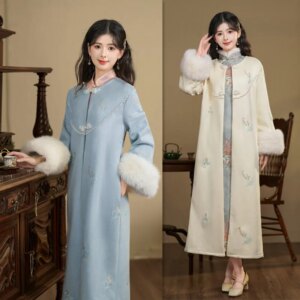 Fashion Improvement New Chinese Style Long Embroidered Cheongsam Qi Pao Coat Winter Fleece Overcoat