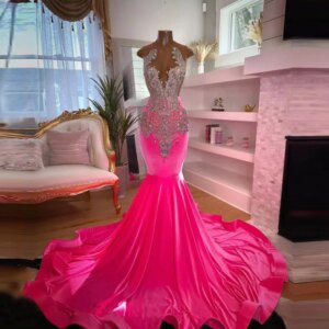 Pink Mermaid Long Prom Dresses For Black Girls Beaded Stone Sleeveless Party Evening Gowns Customized Backless Women Clothing