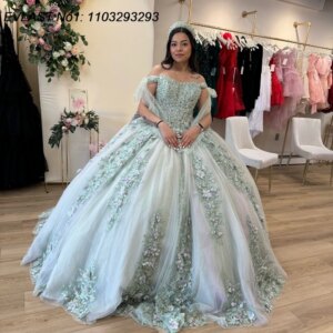 EVLAST Customized Sparkly Sage Ball Gown Quinceanera Dress Lace Applique Beading Bow Corset Sweet 16 Vestidos De 15 Anos E1Q671