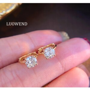 LUOWEND 100% 18K Yellow Gold Earrings Women Luxury Shiny Design 1.0carat Real Natural Diamond Hoop Earrings High Wedding Jewelry