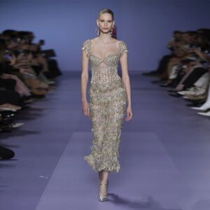 L446 New Cap Sleeves Luxury Beaded champagne tassles Ankle Length  فساتين السهرة vestidos de fiesta  فساتين سهره evening dresses