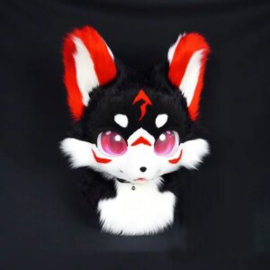 Black Red Furuit Long-haired Cat and Fox Mascot Head Party Halloween Fur Role Play