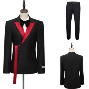 Different Wedding Tuxedos Red Banderole Men Suits Peaked Lapel 2 Piece Set Jacket Pants Business Blazers Customized