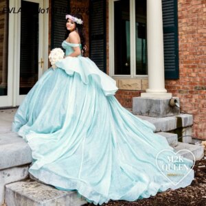 EVLAST Customized Glittering Aqua Quinceanera Dress Ball Gown Shiny Applique Beading Corset Sweet 16 Vestido De 15 Anos E1Q526