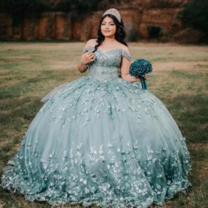 Customized Shiny Olive green V-neck Off Shoulder Quinceanera Dress applique flower Tull Lace vestidos de 15 Quinceanera 