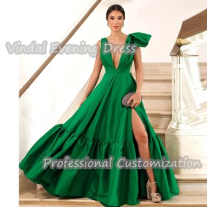 Vindal Prom Dress A-Line V-Neck Floor Length luxurious Satin Ruffle Built-in Bra Elegant Sexy Sleeveless Saudi For Woman 2025