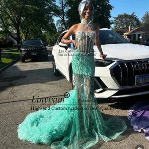 Sexy Illusion Tulle Prom Dresses 2025 Ruffles Mermaid Evening Party Gowns Customized Sleeveless Court Train vestidos de festa