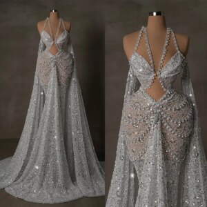 Sparkly Sleeveless Prom Dresses Elegant Sequins Beaded Evening Dress Pearls Floor Length Celebrity Party Gown Customized