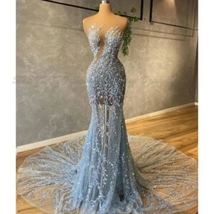 New Arrival Mermaid Prom Dresses Sleeveless V Neck Appliques Sequins Beaded Lace Hollow Beaded Floor Length Diamonds Evening