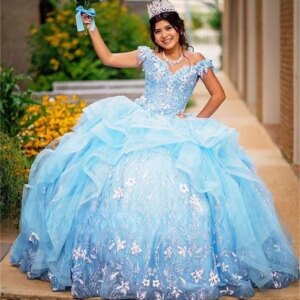 Lorencia Mexican Blue Quinceanera Dress Ball Gown Butterfly Floral Appliques Beading Corset Sweet 16 Vestidos XV Años YQD463