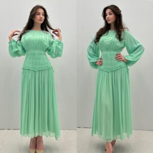 Customized Modern Style Formal Evening O-Neck A-line Beading Draped Ankle-Length Chiffon Bespoke Occasion Dresses