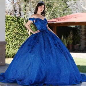 Customized Royal Blue Quinceanera Dresses Appliques Beading Pleat Off The Shoulder V-neck Tulle Vestidos De 15