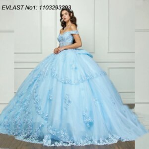 EVLAST Customized Sky Blue Ball Gown Quinceanera Dress Lace Applique Beading Bow Corset Sweet 16 Vestidos De 15 Anos E1Q576