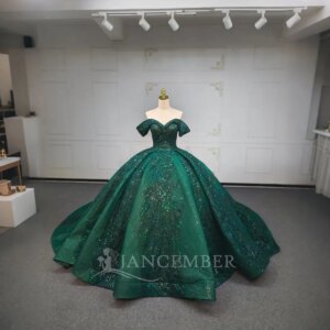 Customized Vintage Green Tulle Sequins Off The Shoulder Prom Dress Sequined Quinceanera Dress Lsany06