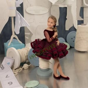CustomizedBurgundy Flower Girl Dress Elegant Ruffles 3/4 Sleeves Tulle Bow Wedding Birthday Party Gown Kid Pageant First Communi