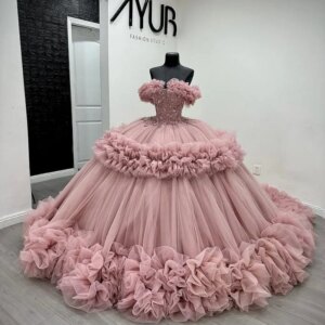 Customized Pink Off Shoulder Quinceanera Dress applique crystal Long tail ruffle Lace vestidos de 15 Quinceanera