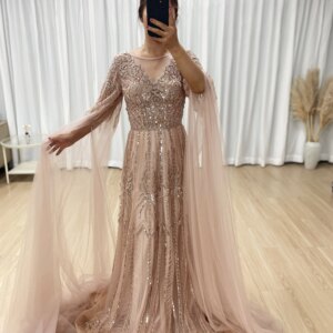 MYMB Luxury Elegant PINK Beaded A Line Arabic Evening Dress with Cape Sleeves for Women Formal Party Prom Dresses Custom MB40377
