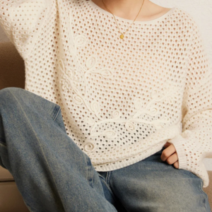 BirdTree, Cashmere Wool Soft Sweater, Women Slash Collar Hollow Out Crochet, Fashion Casual Pullover, Autumn Winter Top T48721QM