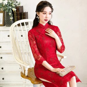 Women’s elegant Chinese style cheongsam standing collar seven-point sleeve dinner dress