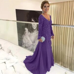 New Purple Lace Mother Of The Bride Dresses Mermaid Long Sleeves Applique V Neck Elegant Mother Dresses For Wedding Formal Party