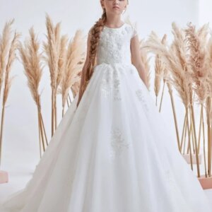 Flower Girl Dresses Birthday Banquet Holy Communion Gowns White Tulle Flory Appliques With Tailing Sleeveless For Wedding