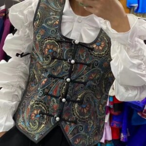 Low Neckline Mongolian Vest Women’s Ethnic Style Waistcoat with Lining Placket U-Shaped Collar Boutique Top