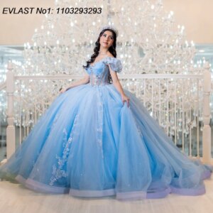 EVLAST Customized Shiny Sky Blue Quinceanera Dress Ball Gown Sequins Applique Beading Corset Sweet 16 Vestido De 15 Anos E1Q125