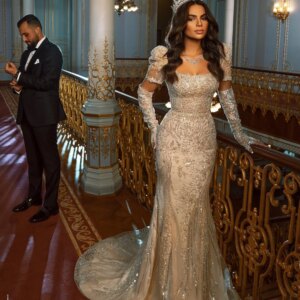 Luxurious Square Crystal Prom Dress 2025 Romantic Long Sleeve Party Gown Classic A-line Floor-length Evening Dress Customized