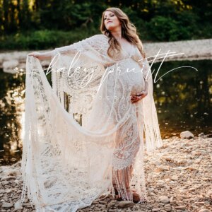 Don&Judy Bohemian Beige Long Tassel Lace Dresses Maternity Photography Pregnancy Woman Photo Shoot Robe Gown Baby Shower Clothes