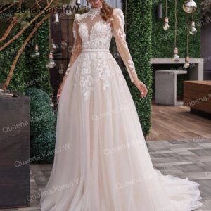 Queena.Karen.W Elegant A line Wedding Dress long sleeve high neck lace beading bride dress robe de mariee Bridal Gown