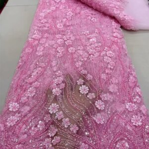 Nigerian Lace Fabric 5 Yards High Quality 2025 Pink Lace Applique Luxury Embroidered Tulle 3D Flower Fabric For Weddiang W648-1