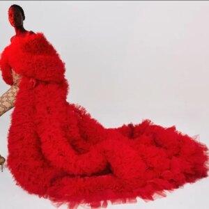 Luxury Red Full Ruffles Tulle Dresses Long Jacket Coat Women Kimino Robes Photography Gown drag queen custom color