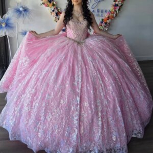 Pink Shiny Quinceanera Dresses Ball Gown Off The Shoulder Sequin Applique Lace Beads Bow Tull Party Birthday Sweet 16 Vestidos15