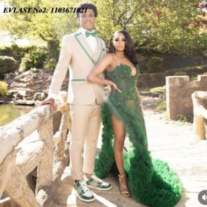 EVLAST Customized Dark Green Ruffles Prom Dress Blackgirls Crystal Beaded Mermaid High Slit Party Gown Robes De Soirée E2P431