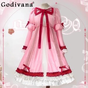 Sweet Girl Cos Dress Cosplay Costume Pink Long Sleeve Lolita Bow Dress Set Doll Costume Role Play Outfit Women Halloween Live