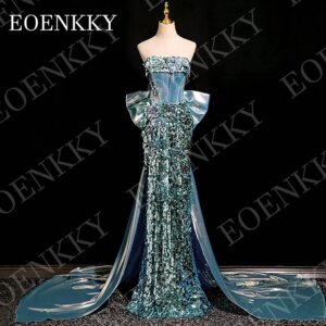 EOENKKY Luxury Mermaid Evening Dresses Charming Strapless Sequins Saudi Arabia Prom Dress Long Customized Red Carpet فساتين سهرة