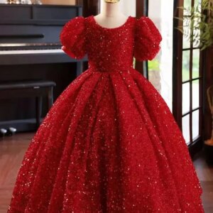 Flower Girl Dresses for Wedding Communion Party Gowns Shining Red Sequins short Sleeve Floor Length Princess Kids Birthday Party