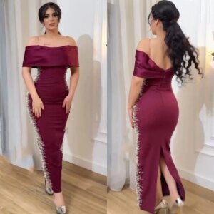 Customized  Evening Jersey Pearl Valentine’s Day Sheath Off-the-shoulder Bespoke Occasion Gown Midi Dresses Saudi Arabia