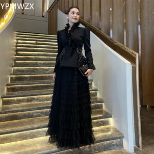 Customized Evening Dress Formal Party Occasion YPMWZX High Collar A-line Floor Length Skirts Draped Bead Bespoke Dresse