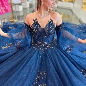 Navy Blue Off Shoulder Ball Gown Shiny Quinceanera Dresses Sweet 16 Princess Applique Lace Beads Prom Gowns Customized