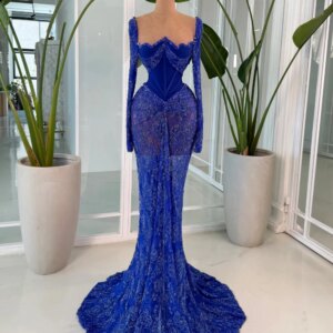 Royal Blue Beaded Lace Mermaid Evening Dress Sparkly Crystal Long Sleeve Wedding Party Gown New Customized Luxury Prom Dresses