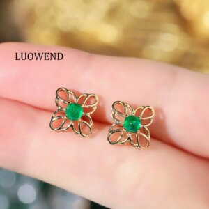 LUOWEND 100% 18K Yellow Gold Earrings Vintage Palace Style Real Natural Emerald Stud Earrings for Women High Wedding Jewelry