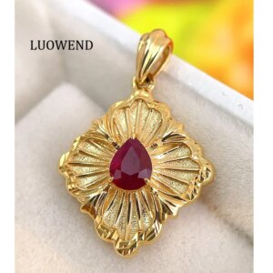 LUOWEND 100% 18K Yellow Gold Pendant Luxury Fashion Design Natural Ruby Necklace Pendant for Women High Party Jewelry