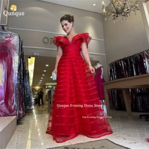 Qunque Deep V-Neck Red Vestidos De Fiesta Arabia Prom Dresses Tiered Sleeves Ruched A-Line Long Evening Gowns Robes De Soirée