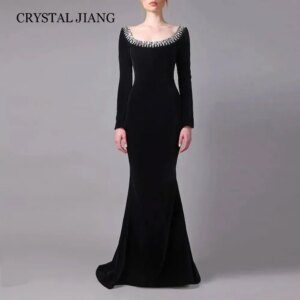 Customized Classy Long Black Square Collar Crystal Evening Dresses Full Sleeves Mermaid Sweep Train Vestidos De Noche
