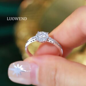 LUOWEND 100% 18K White Gold Rings Real Natural Diamond Engagement Ring for Women Classic Shiny Design High Wedding Jewelry