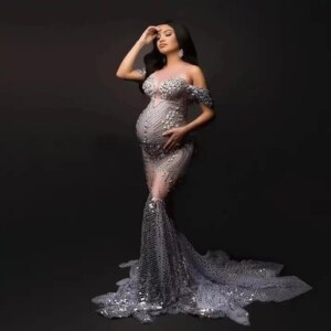 New Arrivals Elegant Shiny Rhinestones Off Shoulder Sexy Maternity Shoot Dress Sequin Fishtail Robe De Soiree