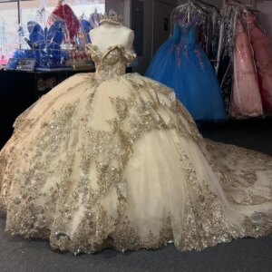 Champagne Shiny Sweetheart Quinceanera Dresses Off The Shoulder Applique Lace Beads Tulle Vestidos De 15 Anos Sweet 16 Dress